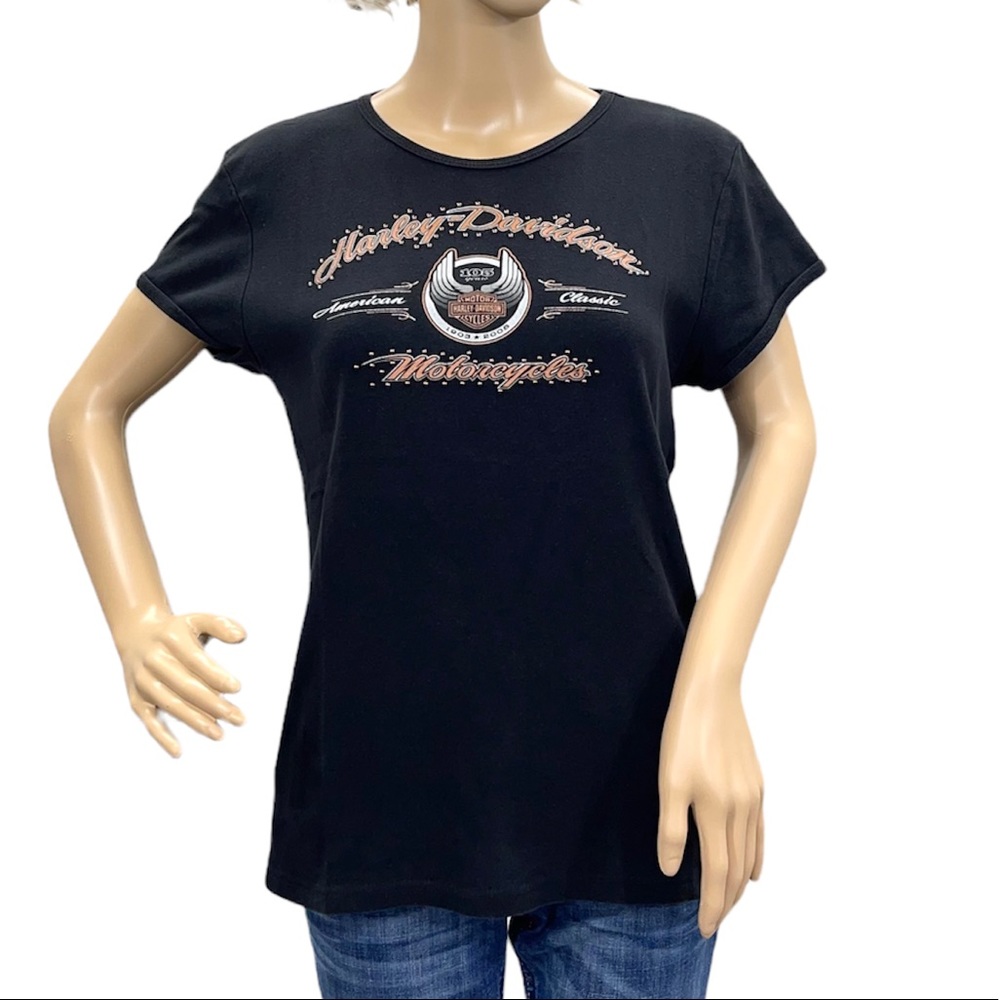 HARLEY-DAVIDSON Women’s Black 105th Anniversary Short Sleeve Tee Shirt Sz Large